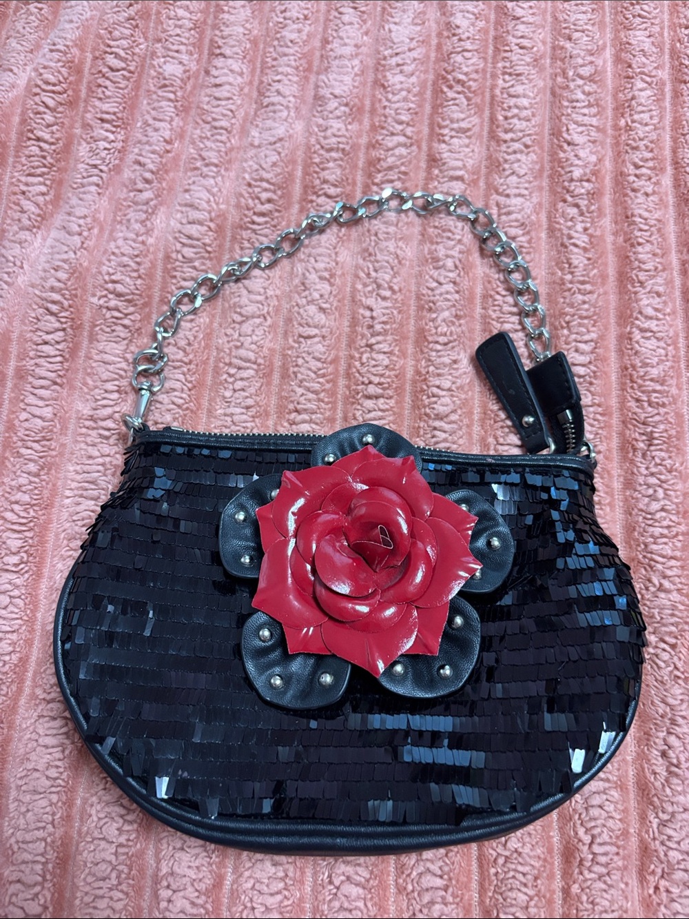 Sharif Black Sequin Wristlet with Red Rose Accent